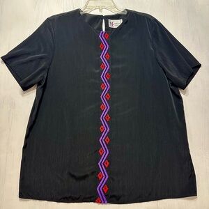 Vintage Maggie Sweet Black Blouse Embroidered Purple Red Trim Short Sleeve L